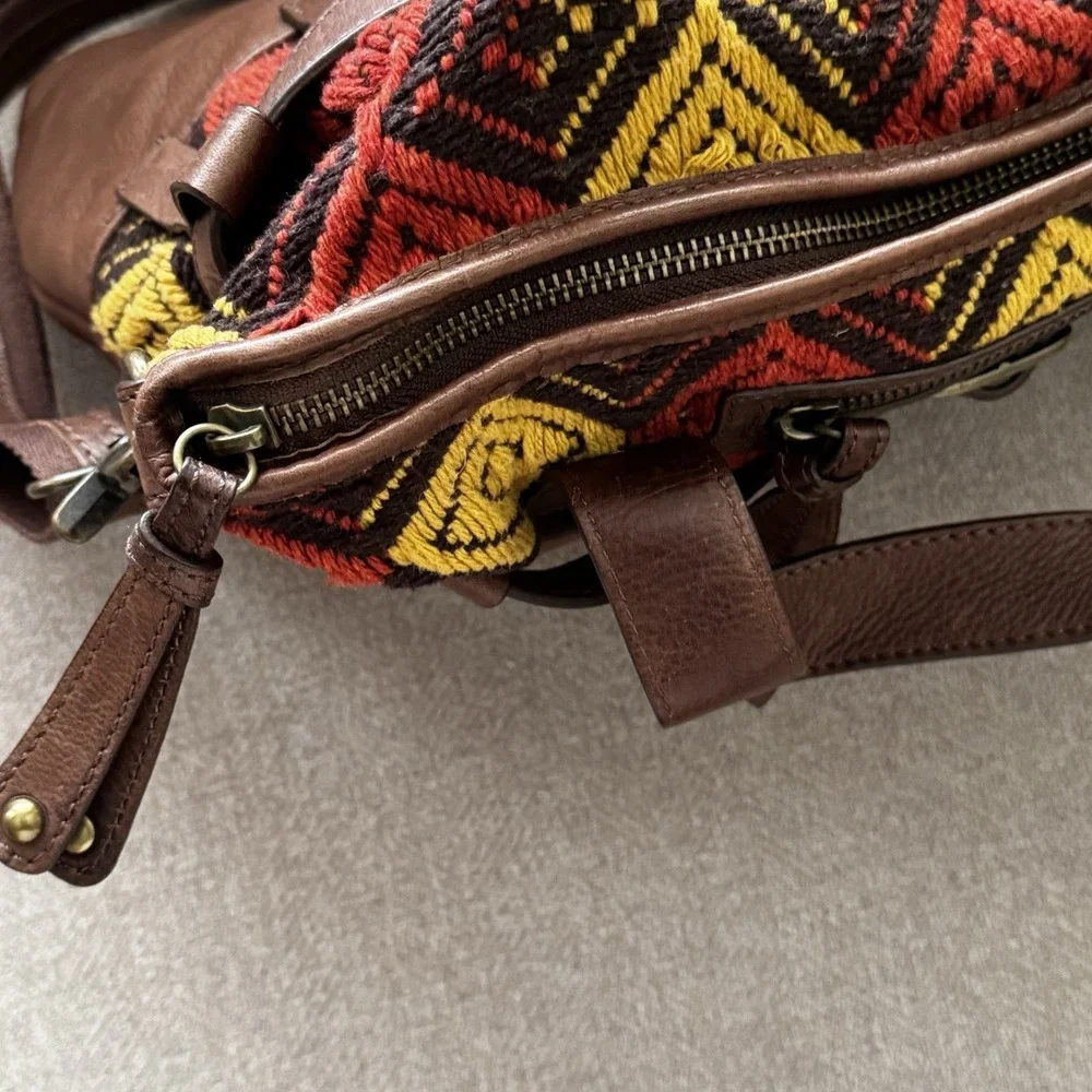 Audrey Brooke Leather Woven Bag Shoulder Bag Crossbody Brown Red Yellow‎ Tribal